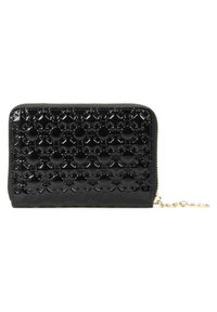 Musthave mustekosmeetüksi musta läikiv rahakott, millel on tikandi muster, kuldne lukku ja kett. Kompaktselt ristkülikukujuline kuju, sile ja läikiv pind.