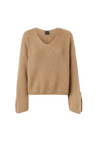 Maglione lavorato a maglia beige con scollo a V, design corto, texture a coste e maniche ampie. Presenta un piccolo logo sul polsino.