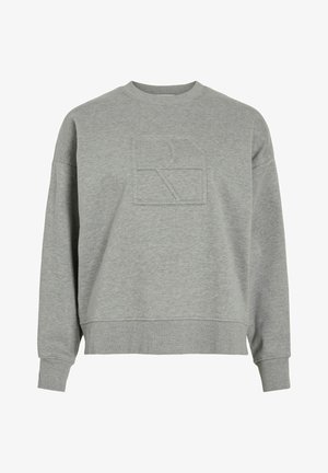 Sweatshirt gris en tissu doux, avec un patch logo texturé sur le devant, col rond et poignets et ourlet côtelés.