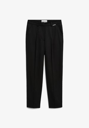 Black trousers made of smooth fabric, featuring a straight leg design, side pockets, and a subtle branded accent on the waistband.