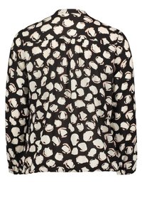Blusa nera con forme astratte bianche e rosa chiaro, dettaglio arricciato sul retro, maniche lunghe e scollatura rotonda. Tessuto leggero.