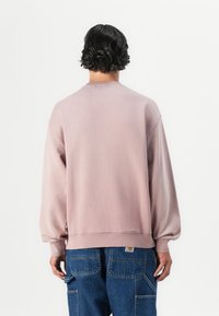 Lys rosa genser med rund hals, ribbestrikkede mansjetter og hem. Mykt stoff med en avslappet passform, vist fra baksiden. Blå jeans synlig nedenfor.