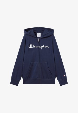 Granatowa bluza z kapturem na zamek wykonana z bawełnianej mieszanki tkanin, z białym logo Champion na piersi i przednich kieszeniach. Ściągacze przy rękawach i kapturze.