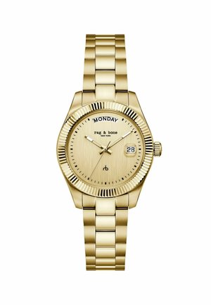 Zlatni metalni ručni sat s povezanim narukvicom, reljefnim okvirom, prikazom dana na 12 sati, prozorom za datum na 3 sata i analognim kazaljkama za vrijeme.