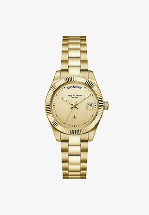 Arany színű fém karóra összekapcsolt karkötővel, bordázott tokgyűrű, nap kijelző 12 óránál, dátumablak 3 óránál és analóg mutatók.