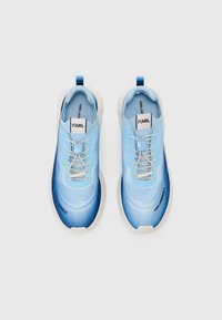 Blue athletic shoes featuring a gradient design from light to dark blue, made of smooth textile with white laces and a rubber sole.