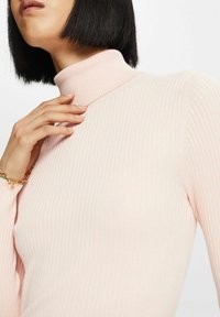 Top de manga larga con cuello de tortuga acanalado en color rosa claro. Presenta un diseño ajustado con una superficie texturizada. Detalle prominente en el cuello de tortuga.