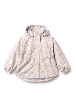 Leichte pastellfarbene Kapuzenjacke mit floralem Muster, elastischen Bündchen und vor Reißverschluss mit einer Blende, entworfen für Kinder.