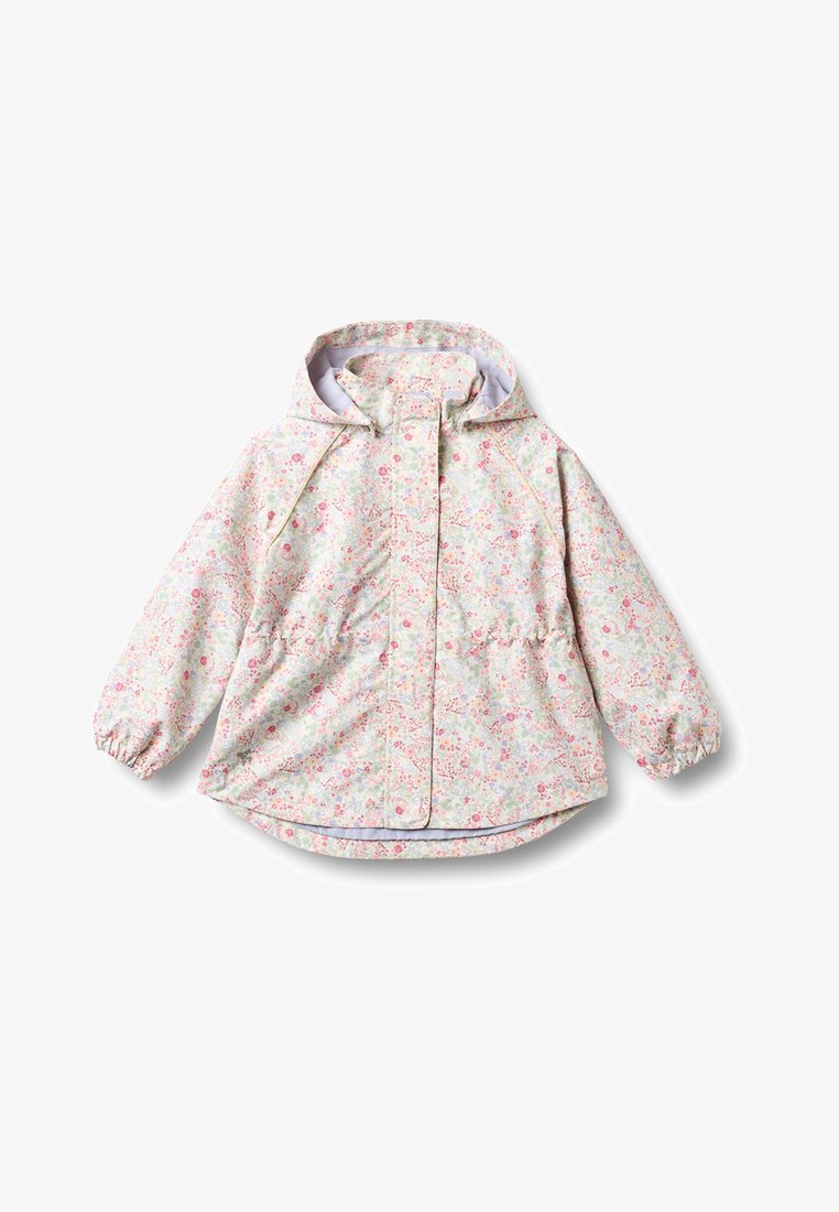 Veste à capuche florale pastel claire avec poignets élastiques et fermeture éclair frontale recouverte par un rabat, conçue pour enfants.