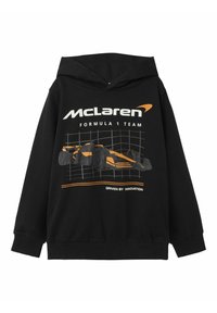 Sudadera negra con gráficos de McLaren Formula 1 en naranja y blanco. Diseño con capucha, puños y dobladillo acanalados, textura de tela suave.