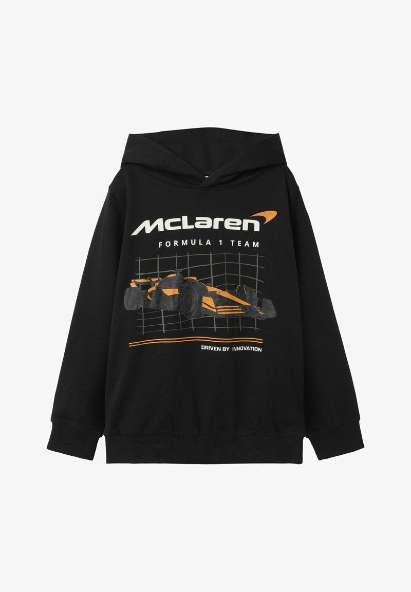 Felpa nera con grafica della McLaren Formula 1 in arancione e bianco. Design con cappuccio, polsini e orlo a costine, tessuto morbido.