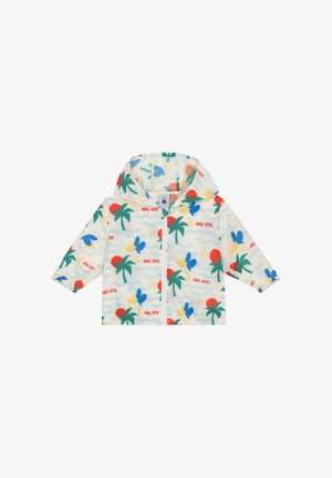 Veste de pluie légère blanche avec capuche, présentant un motif coloré de palmiers et abstrait en accents rouge, vert, bleu et jaune.