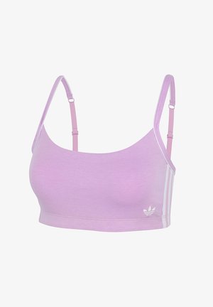 Soutien-gorge de sport violet clair avec de fines bretelles, texture lisse et rayures blanches sur les côtés. Présente un petit logo sur le coin supérieur gauche.