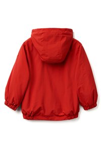 Rote Kapuzenjacke mit elastischen Bündchen und Saum. Leicht, mit glatter Textur und einem schlichten Design. Keine sichtbaren Verschlüsse oder Muster.