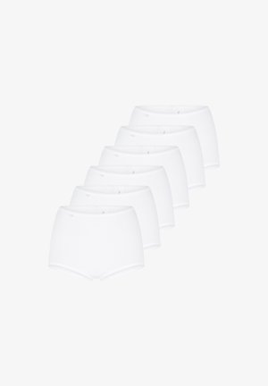 Paquet de six culottes hipster en coton blanc avec une texture lisse et une taille élastique, présentant un design simple sans motifs ni accents.