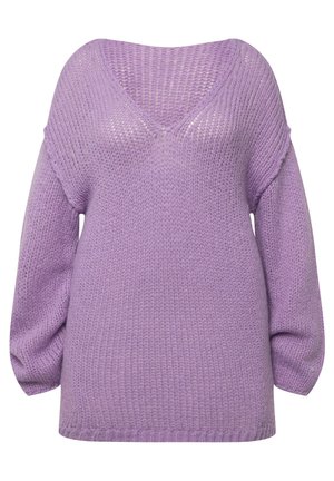 Gebreide trui in lichtpaars, met een diepe V-hals, losse mouwen en een gestructureerde stof met een losse pasvorm.