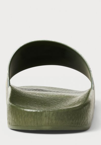 Green rubber slide sandal with a wide strap and textured footbed. Features a thick sole for comfort and an open-toe design.