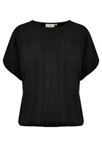 T-shirt noir à coupe large en tissu lisse. Doté d'un col large et de manches courtes style chauve-souris. Design basique sans motifs ni accents visibles.