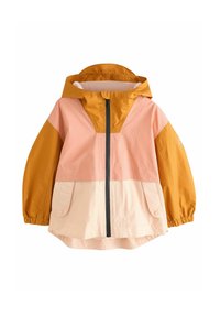 Färgat jacka i orange, rosa och kräm. Har en huva, framdragkedja och två stora fickor med knappstängningar. Lätt material.