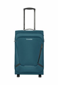 Teal koffer met een gestroomlijnd ontwerp, voorzien van een uittrekbare handgreep, dubbele wielen en een voorzak met rits voor extra opbergruimte.