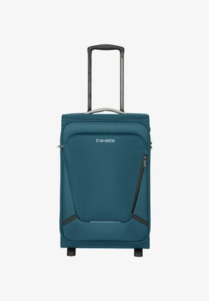 Valise turquoise au design épuré, dotée d'une poignée rétractable, de doubles roulettes et d'une poche frontale zippée pour un stockage supplémentaire.