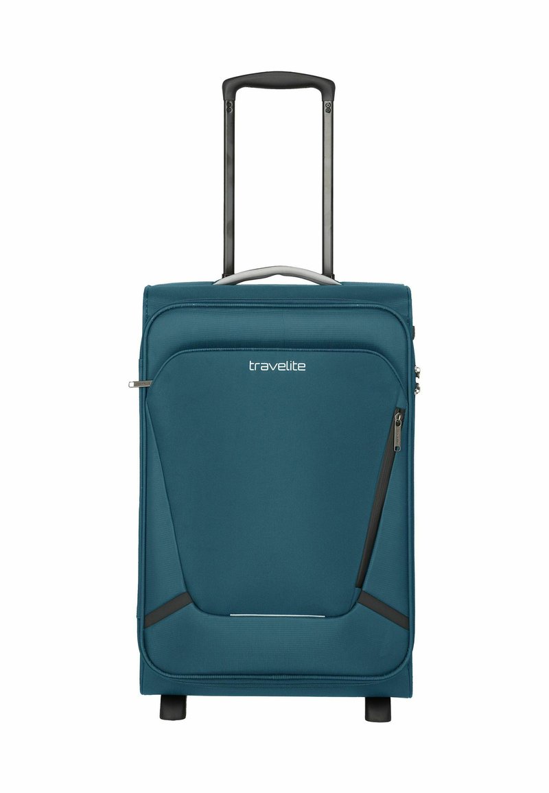 Teal koffer met een gestroomlijnd ontwerp, voorzien van een uittrekbare handgreep, dubbele wielen en een voorzak met rits voor extra opbergruimte.