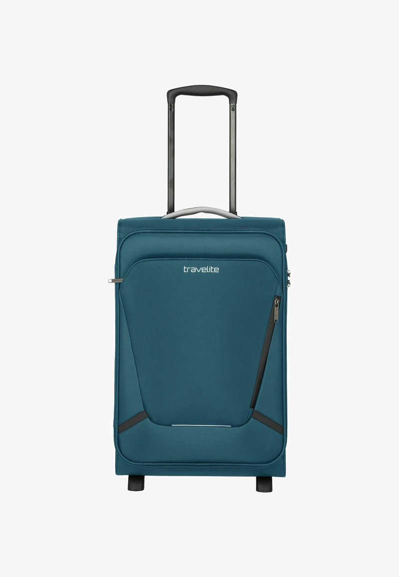 Teal koffer met een gestroomlijnd ontwerp, voorzien van een uittrekbare handgreep, dubbele wielen en een voorzak met rits voor extra opbergruimte.