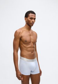 Calvin Klein bijele bokserice sivi pojas loga. Glatko, elastično tkanje, kroj koji se dobro prilagođava tijelu, dužina do sredine bedara.