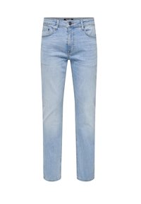 Jeans de color azul claro, fabricados en denim, diseño de pierna recta, cinco bolsillos, cierre frontal con botón y cremallera, textura sutilmente desgastada.