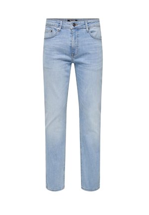Light blue jeans made of denim, straight leg design, five pockets, front button and zipper closure, subtly faded texture.