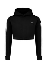 Zwarte cropped hoodie van zacht materiaal. Beschikt over een voorkant zak, een capuchon met trekkoord en grijze zijstrepen langs de mouwen.
