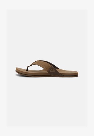 Brown flip-flop sandals with a textured footbed, faux suede straps, and a durable rubber outsole, featuring a logo on the strap.