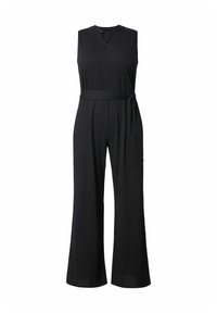 Czarny kombinezon bez rękawów z dekoltem w serek, talią z paskiem, szerokimi nogawkami i miękką, gładką fakturą tkaniny.