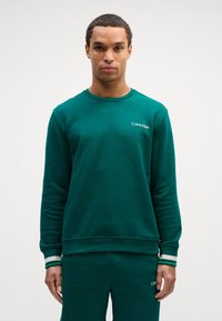 Zelená mikina vyrobená z měkké tkaniny, s dlouhými rukávy, kulatým výstřihem a bílým logem Calvin Klein na hrudi, se pruhovanými manžetami.