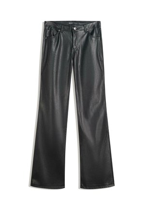 Black faux leather pants with wide legs, front button and zipper closure, and five-pocket design laid flat on white background.
