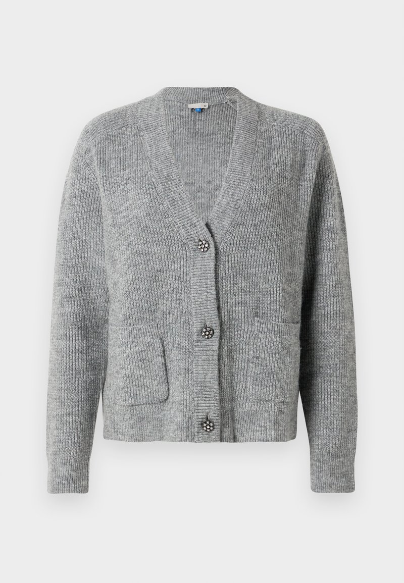 Cardigan grigio a maglia con scollo a V, chiusura con cinque bottoni con dettagli decorativi sui bottoni e due tasche frontali. Realizzato in morbido materiale testurizzato.