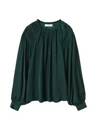 Blouse vert foncé à manches longues avec des détails froncés sur le yoke, col rond, petit bouton à l'avant et manches ballon resserrées aux poignets.