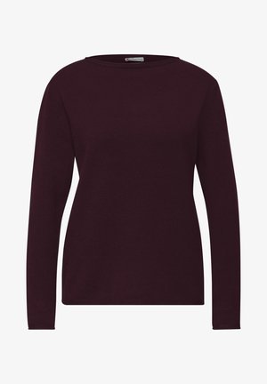 Bordowy sweter z długim rękawem o prążkowanej teksturze, z zaokrąglonym dekoltem, luźnym fasonem i minimalistycznymi detalami.