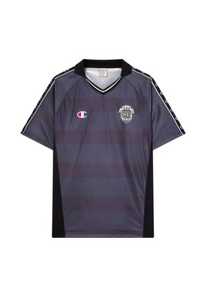 Donkergrijs en zwart sportshirt met korte mouwen, horizontale strepen, zwarte kraag, Champion-logo en NYC CHP-embleem op de borst.