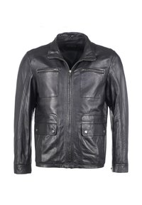 Schwarze Lederjacke mit einem Reißverschluss vorne, vier Taschen (zwei mit Reißverschluss, zwei mit Druckknopf), strukturierten Schulterakzenten und einem klassischen Kragendesign.