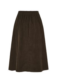 Brun bomuldsnederdel med elastisk talje, plisseret design og knælang A-linjeform, der har en glat, struktureret finish.