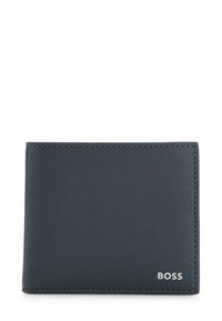 Granatowy portfel ze skóry o fakturowanym wykończeniu, z kontrastującym przeszyciem i małym wytłoczonym logo w dolnym prawym rogu.