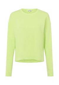 Limegrünes Langarmshirt mit rundem Halsausschnitt, lässiger Passform und glatter Textur. Hat eine cropped Länge und minimale Nähte.