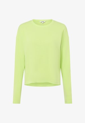 Chemise à manches longues vert lime avec un col rond, coupe décontractée et texture lisse. Présente une longueur raccourcie et des coutures minimales.
