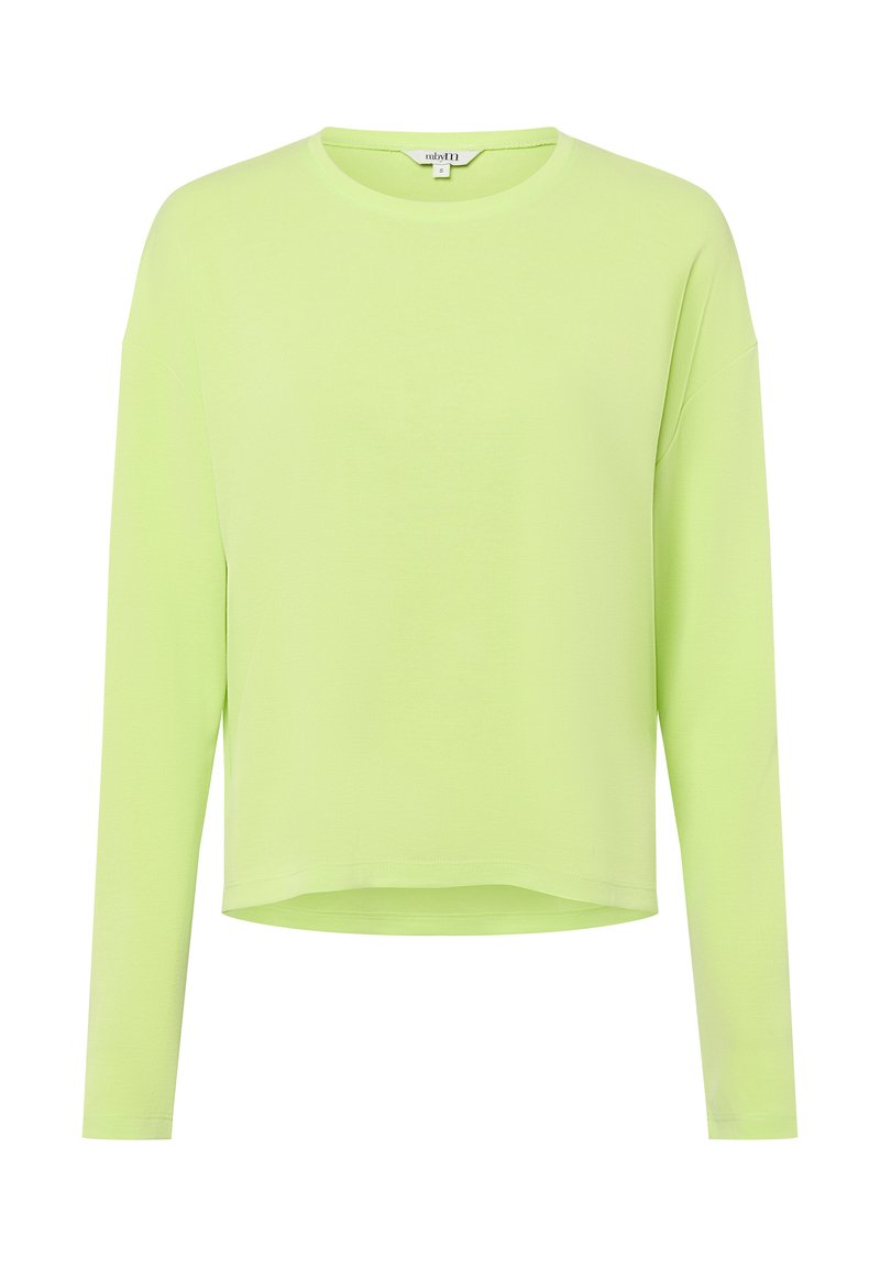 Limegrünes Langarmshirt mit rundem Halsausschnitt, lässiger Passform und glatter Textur. Hat eine cropped Länge und minimale Nähte.