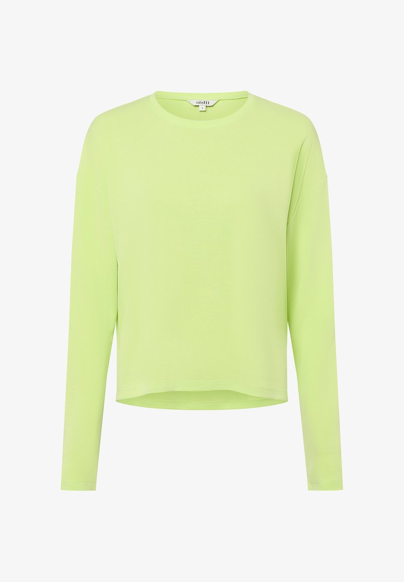 Lime green long-sleeve shirt with a round neckline, relaxed fit, and smooth texture. Features a cropped length and minimal seams.