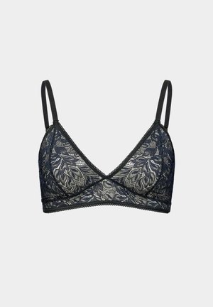 Zwarte kanten bralette met een bloemenpatroon, driehoekige cups en verstelbare bandjes; afgewerkt met een delicate golvende rand.