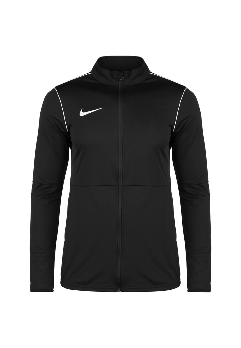 Zwarte sportjack gemaakt van zachte polyester met een hoge kraag, volledige rits, contrasterende witte accenten en een klein logo op de borst.