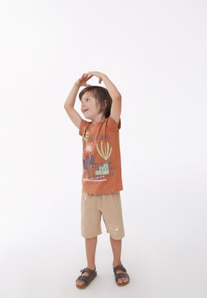 Niño vestido con una camiseta gráfica naranja con diseño de cactus, pantalones cortos beige y sandalias oscuras. El fondo es blanco, lo que resalta el atuendo.