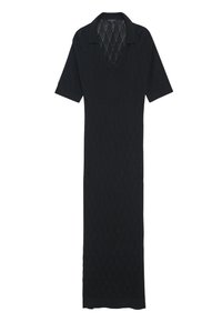 Schwarzes Strickkleid mit V-Ausschnitt, kurzen Ärmeln und einem durchgehenden Rautenmuster. Knöchellang mit geradem Schnitt.